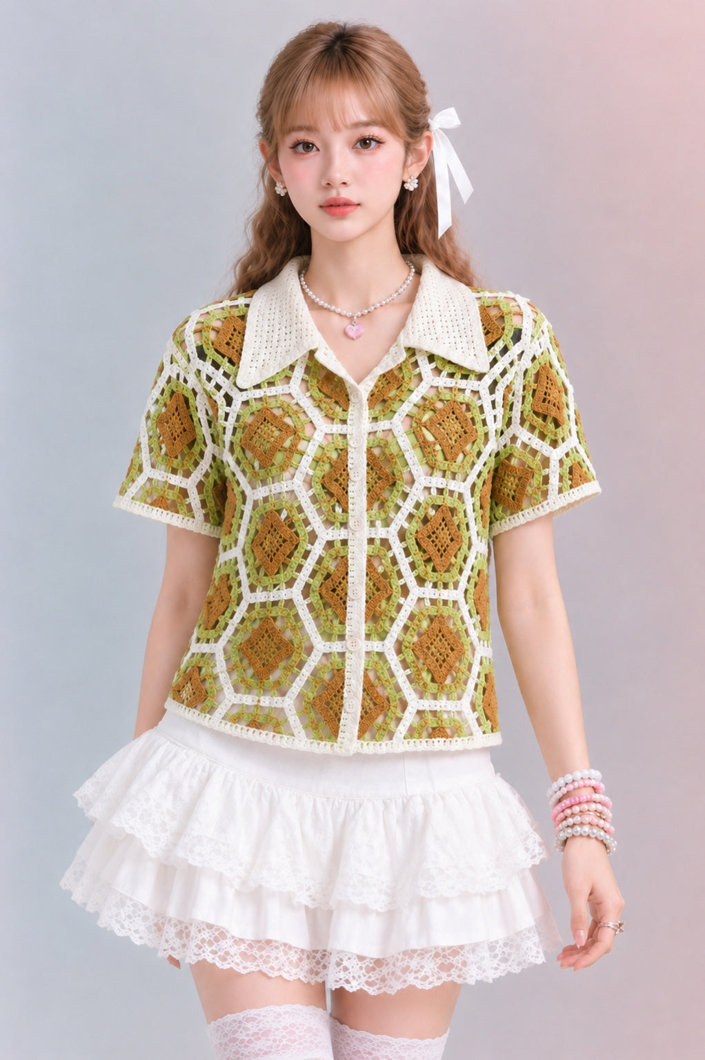 Crochet Patchwork Collared Shirt – Free Size