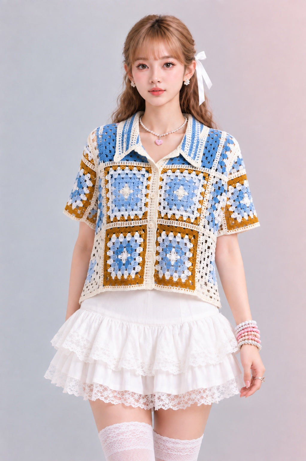 Crochet Patchwork Collared Shirt – Free Size