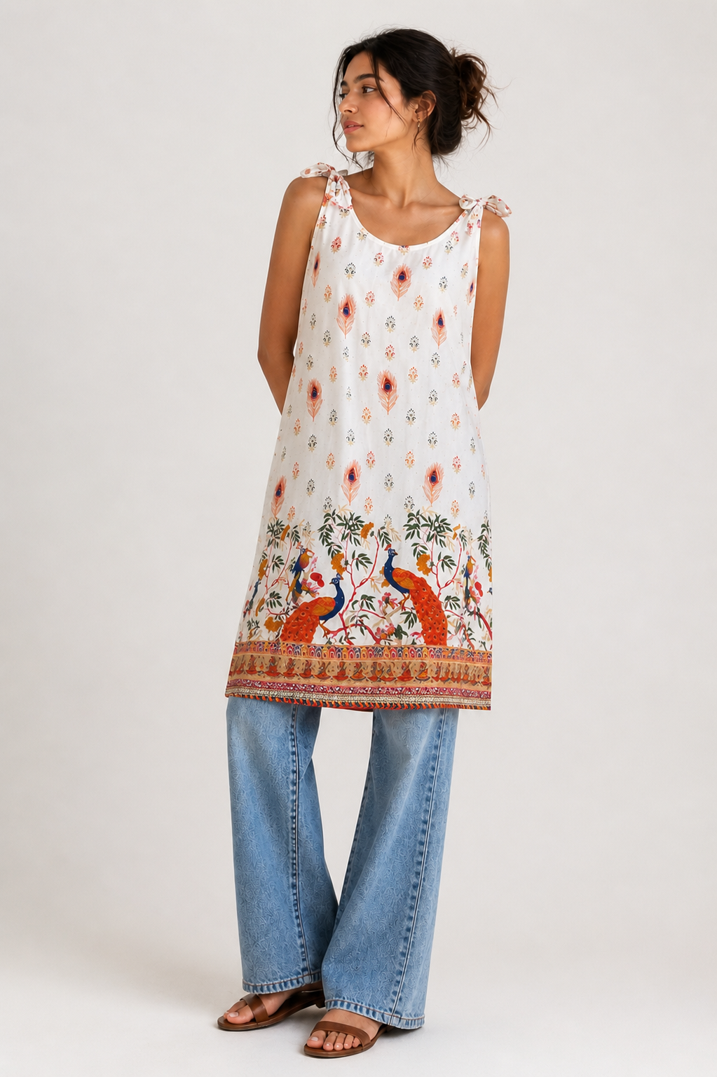 Peacock Print Tie-Up Shoulder Kurti Dress