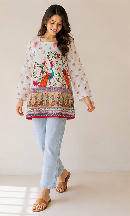 White Peacock Print Ethnic Fusion Kurti