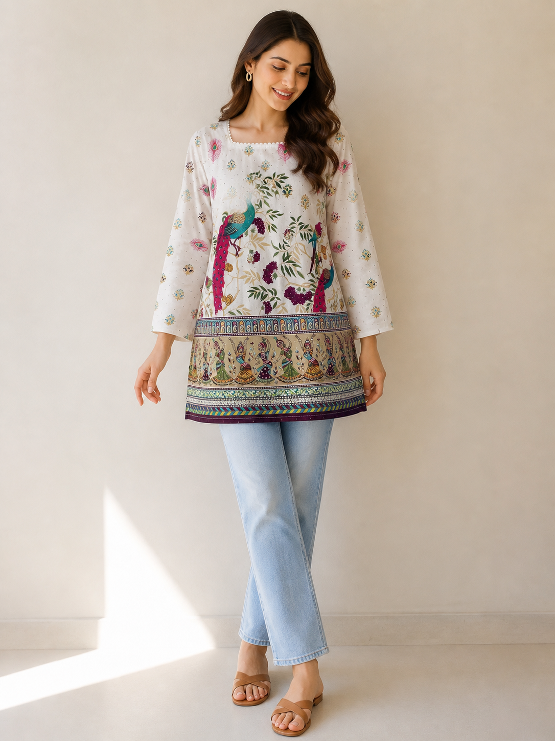White Peacock Print Ethnic Fusion Kurti