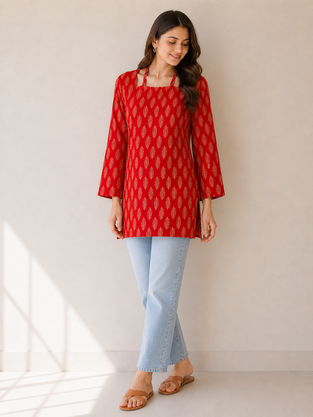 Leaf Print Lace-Up Peplum Style Kurti