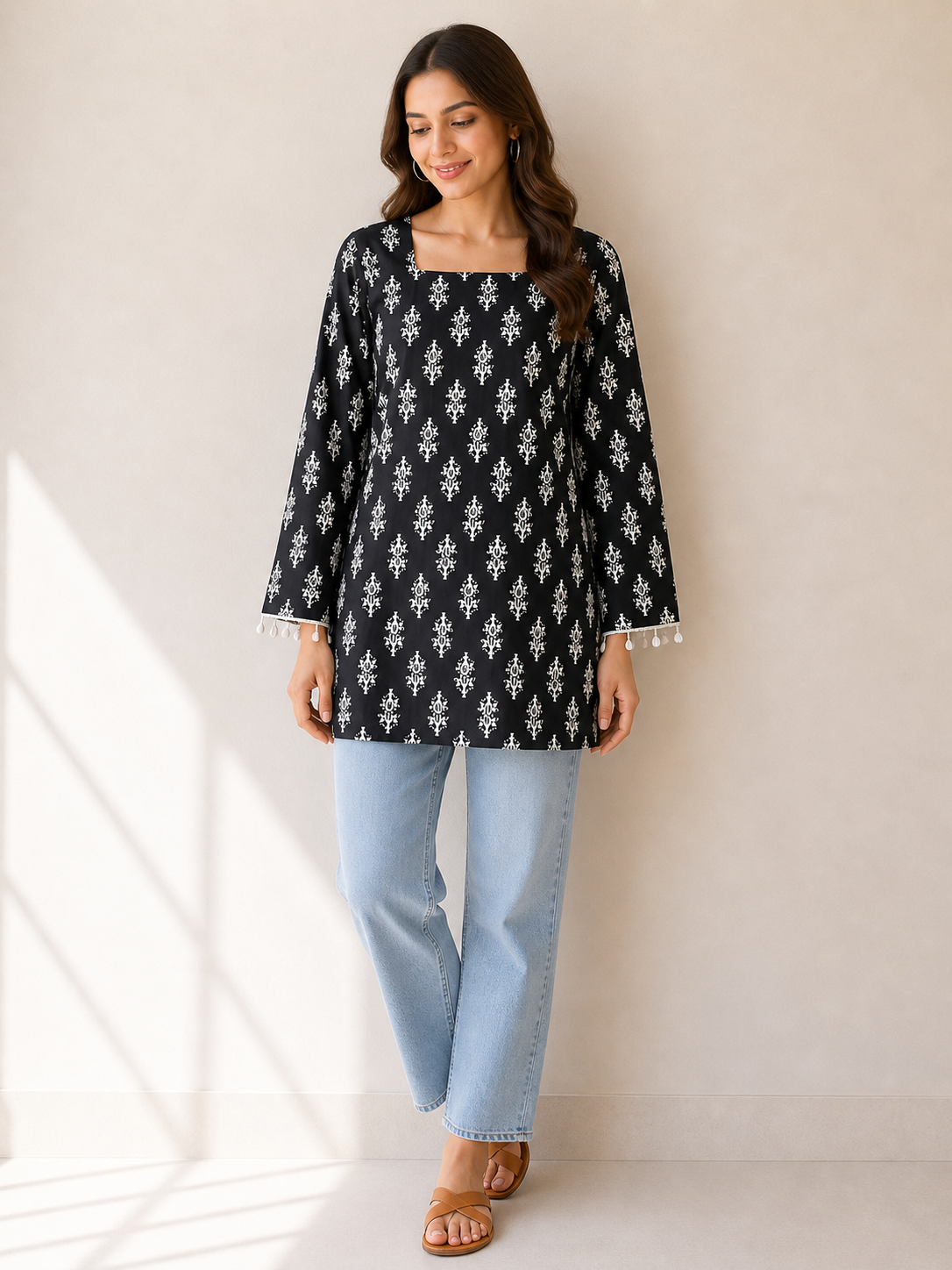 Floral Lace-Up Peplum Style Kurti Top