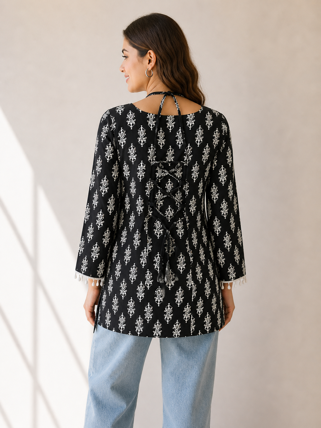 Floral Lace-Up Peplum Style Kurti Top