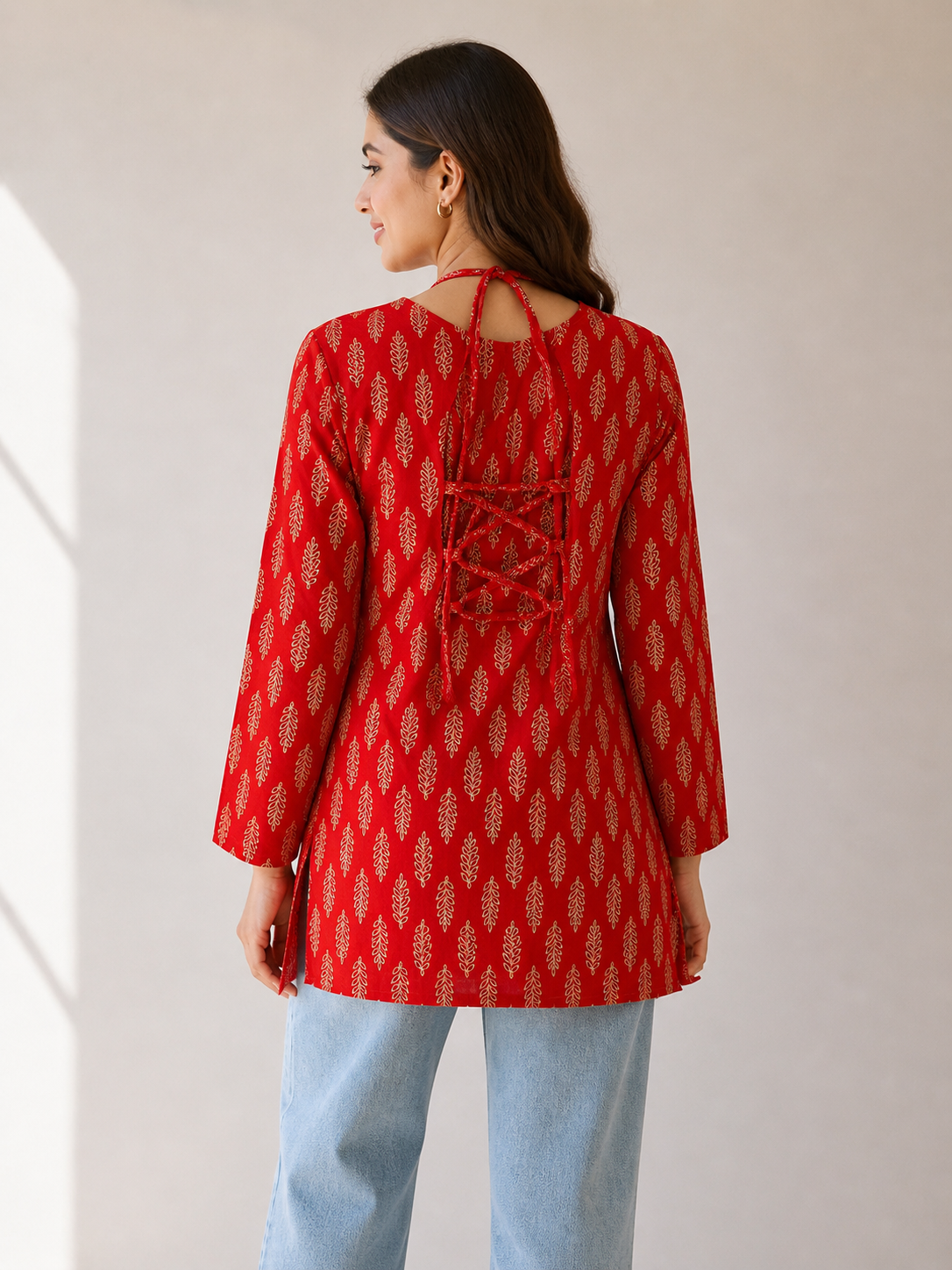 Leaf Print Lace-Up Peplum Style Kurti