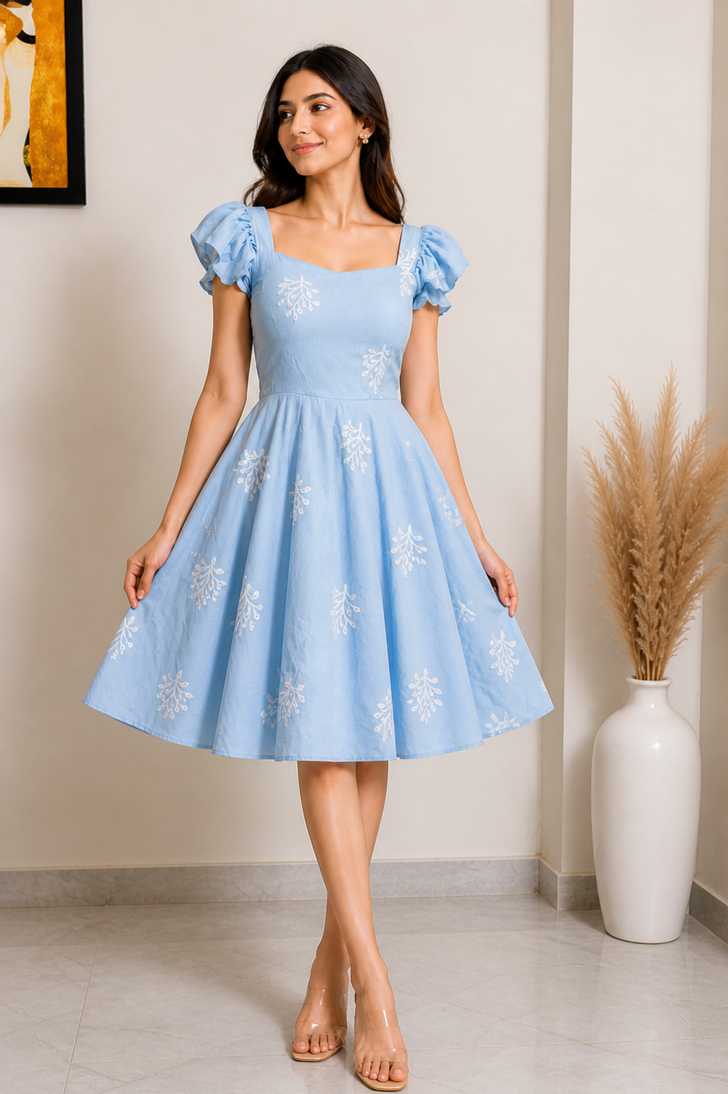 Leafy Embroidered Fit and Flare Mini Dress