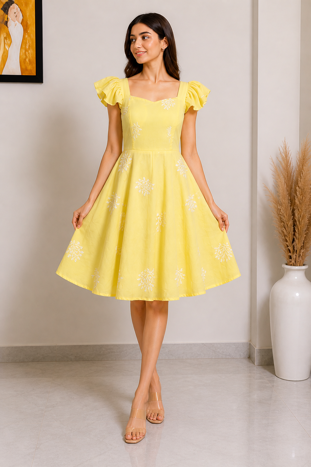 Leafy Embroidered Fit and Flare Mini Dress