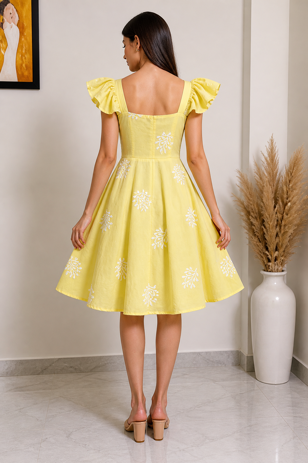 Leafy Embroidered Fit and Flare Mini Dress