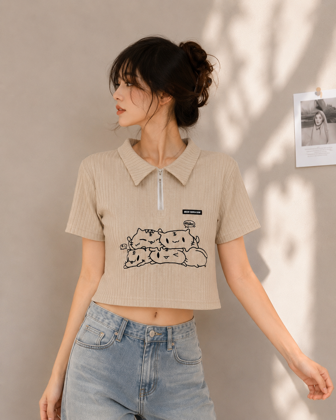 Kitty Zip Collar Ribbed Casual Tee