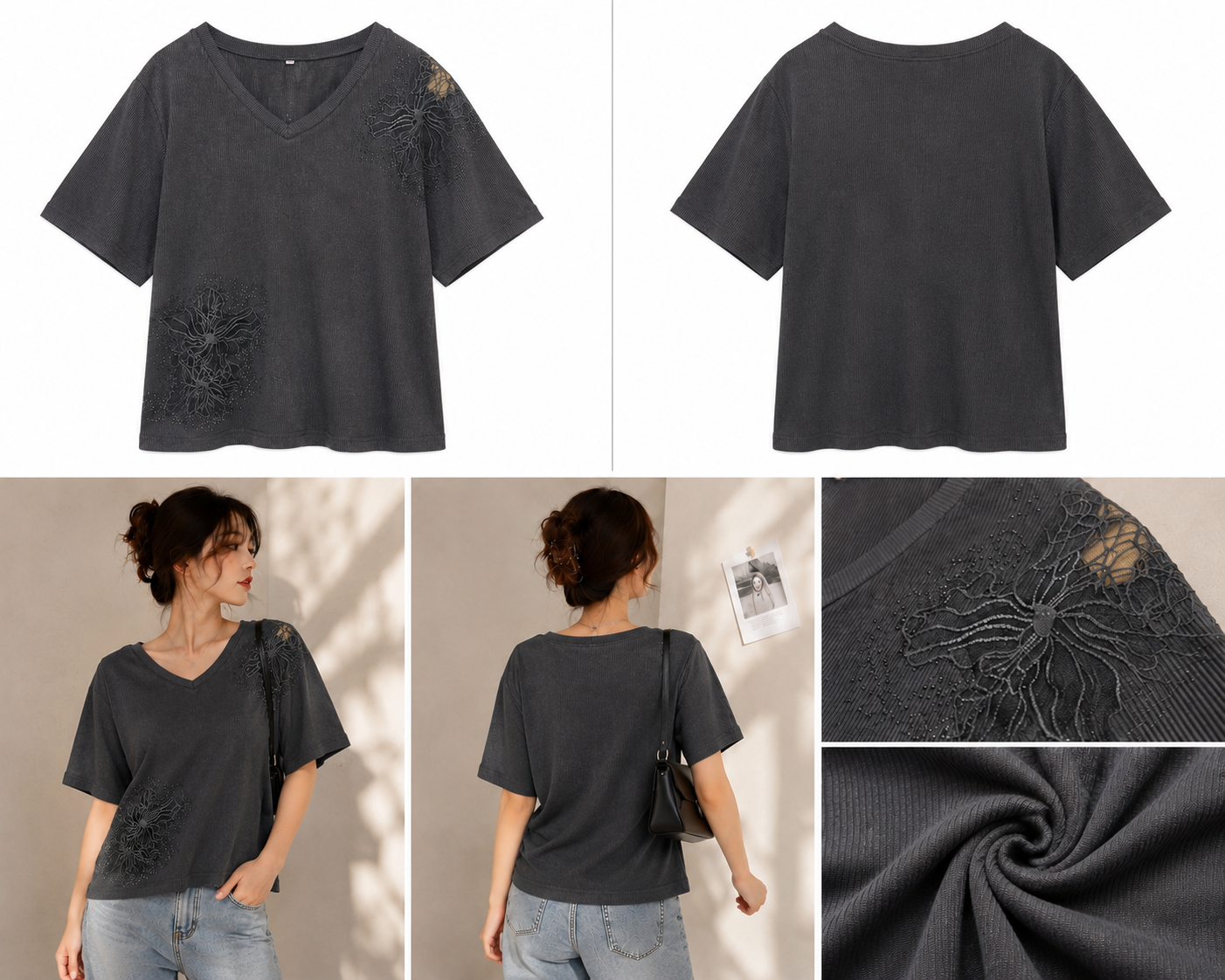 Midnight Floral Ribbed Lace Detail Tee