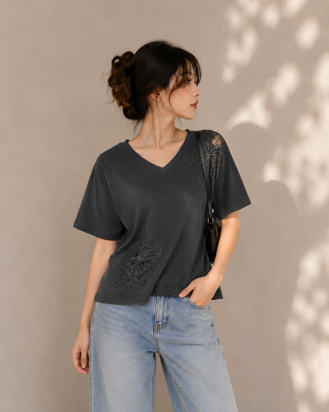 Midnight Floral Ribbed Lace Detail Tee