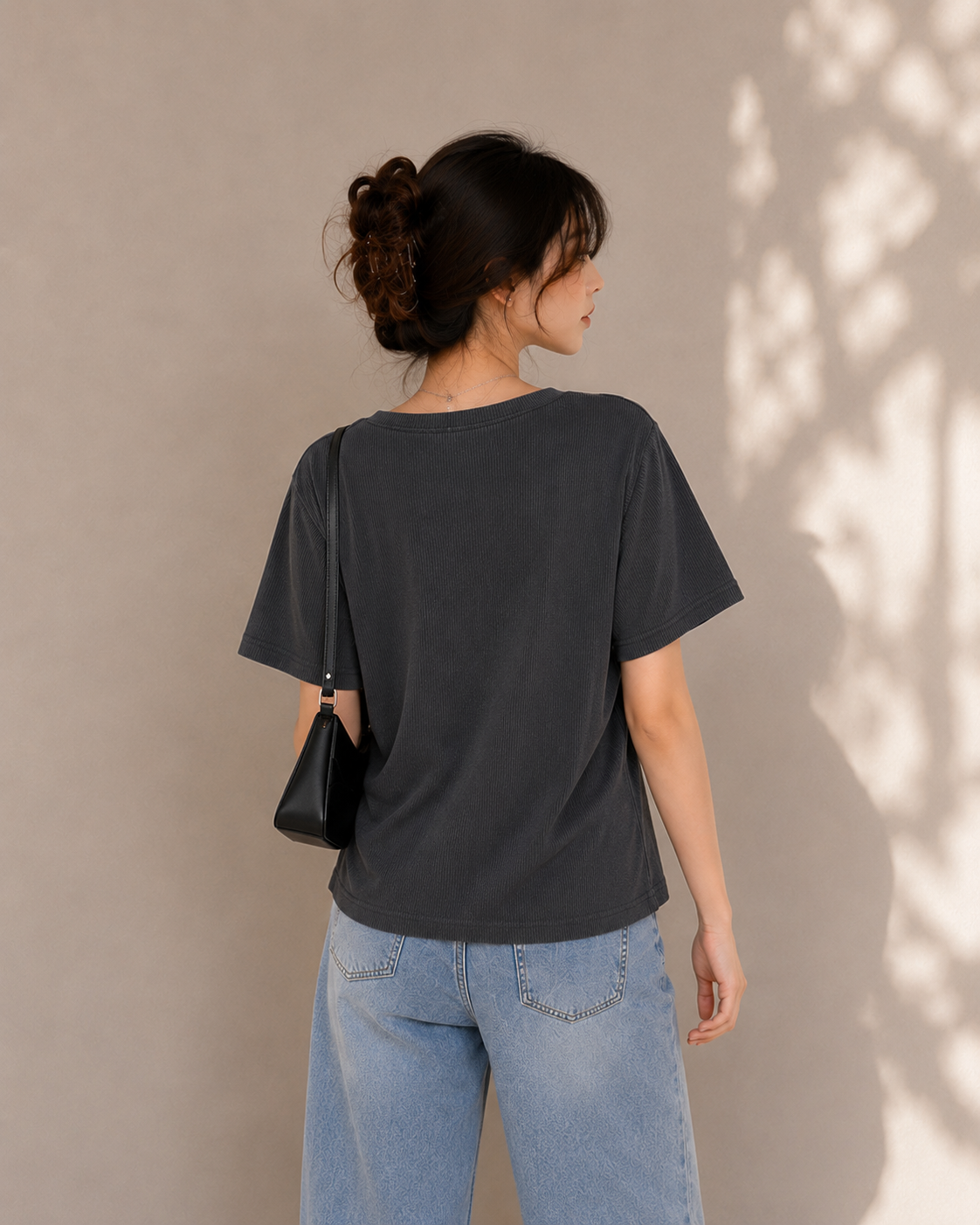 Midnight Floral Ribbed Lace Detail Tee