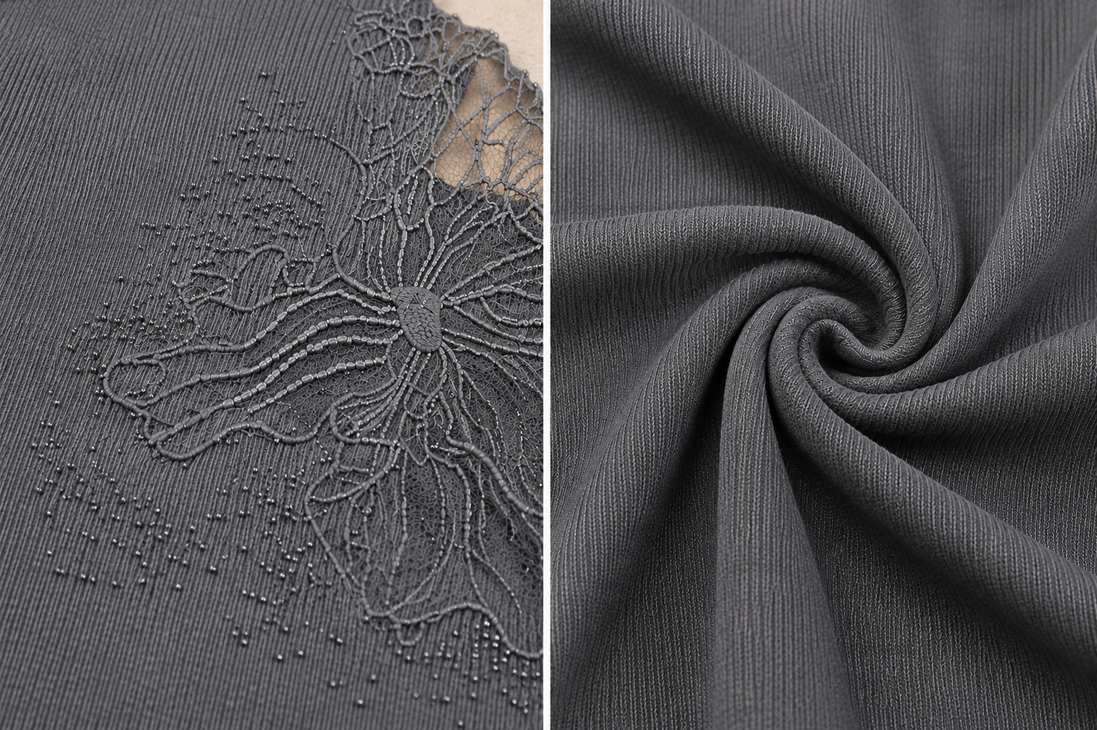 Midnight Floral Ribbed Lace Detail Tee