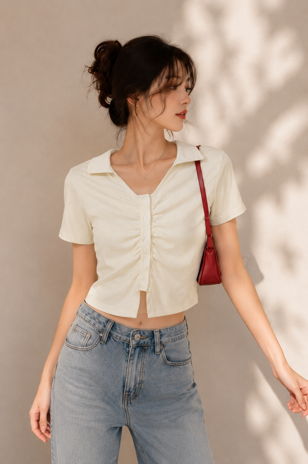 Ivory Ruched Collar Casual Knit Top
