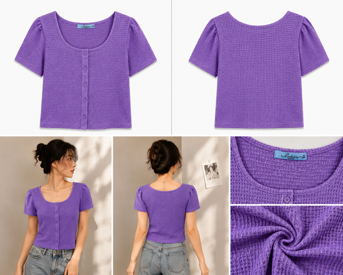 Lavender Waffle Knit Button Detail Top