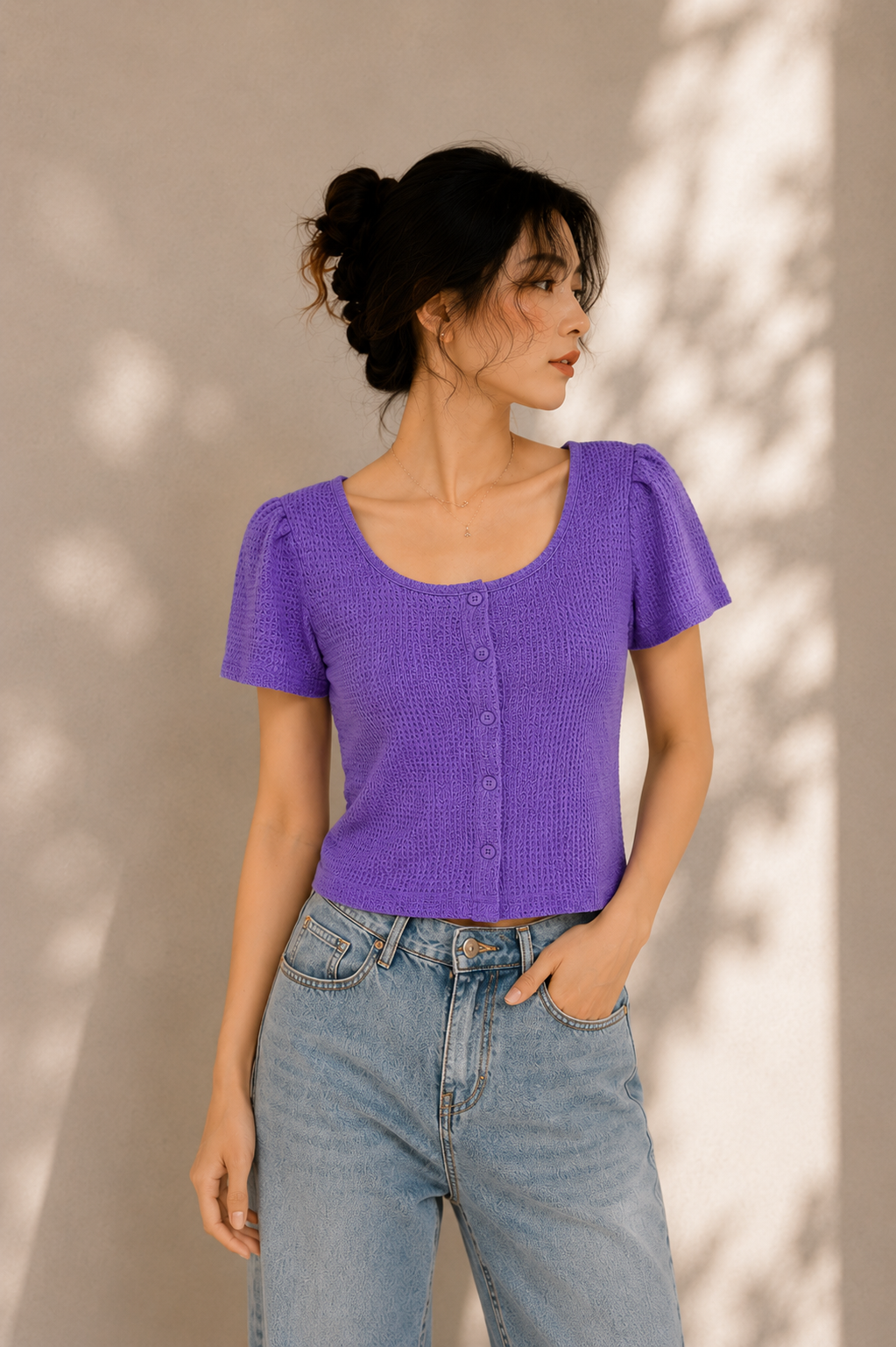 Lavender Waffle Knit Button Detail Top