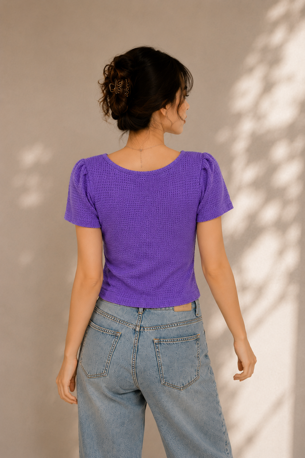Lavender Waffle Knit Button Detail Top