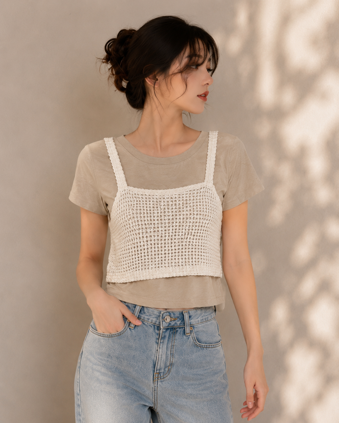 Mocha Layered Knit Casual Aesthetic Tee