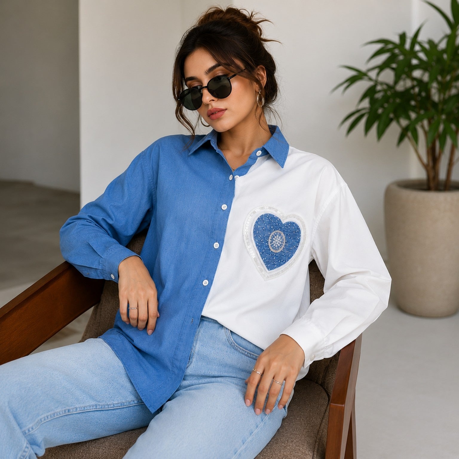 Women’s Oversized Half Blue Half White Denim Heart Touch Patch Shirt