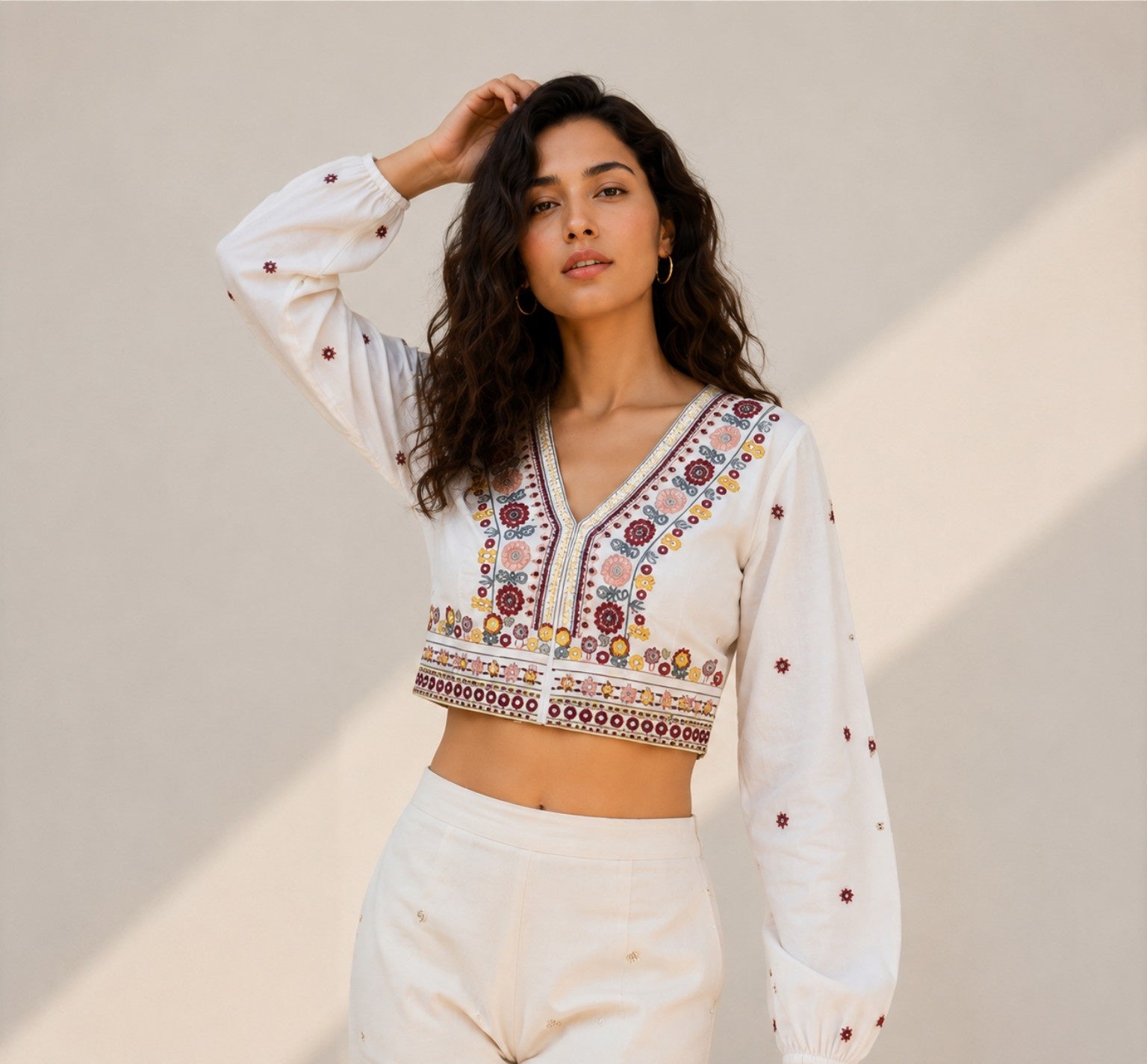Floral Embroidered V-Neck Crop Top – White