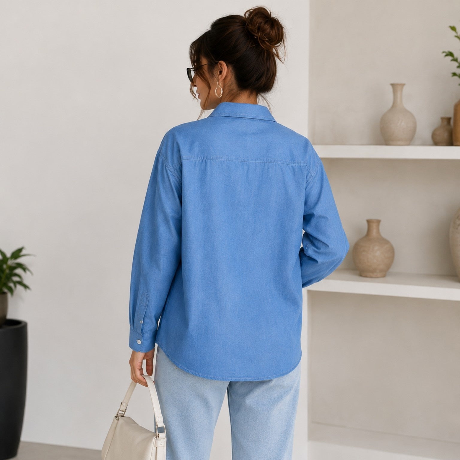 Women’s Oversized Half Blue Half White Denim Heart Touch Patch Shirt