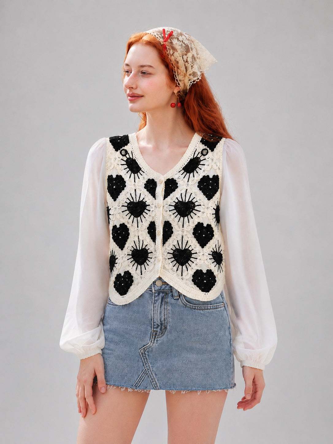 Crochet Floral Embroidered V-Neck Vest Top with Sheer Puff Sleeves