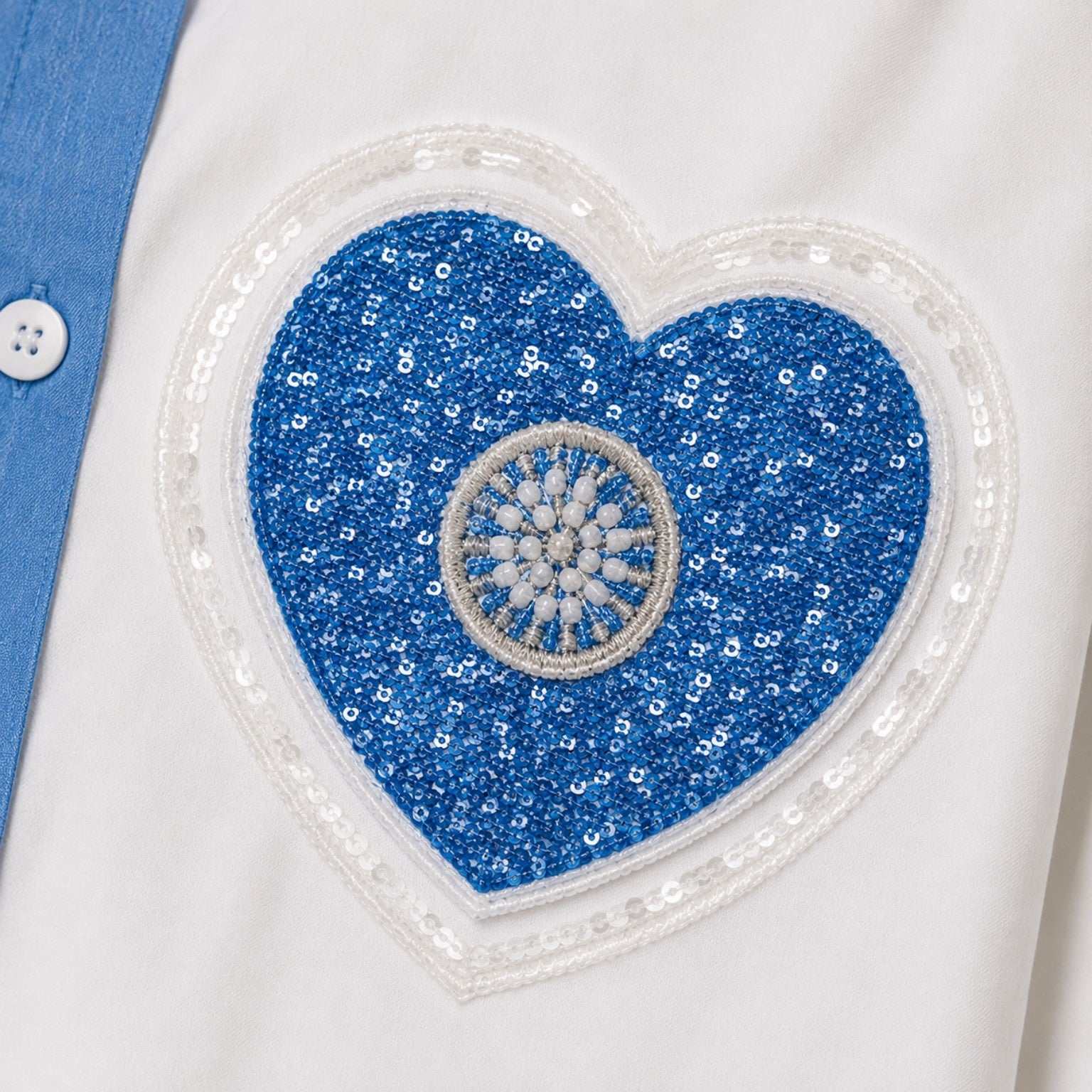 Women’s Oversized Half Blue Half White Denim Heart Touch Patch Shirt