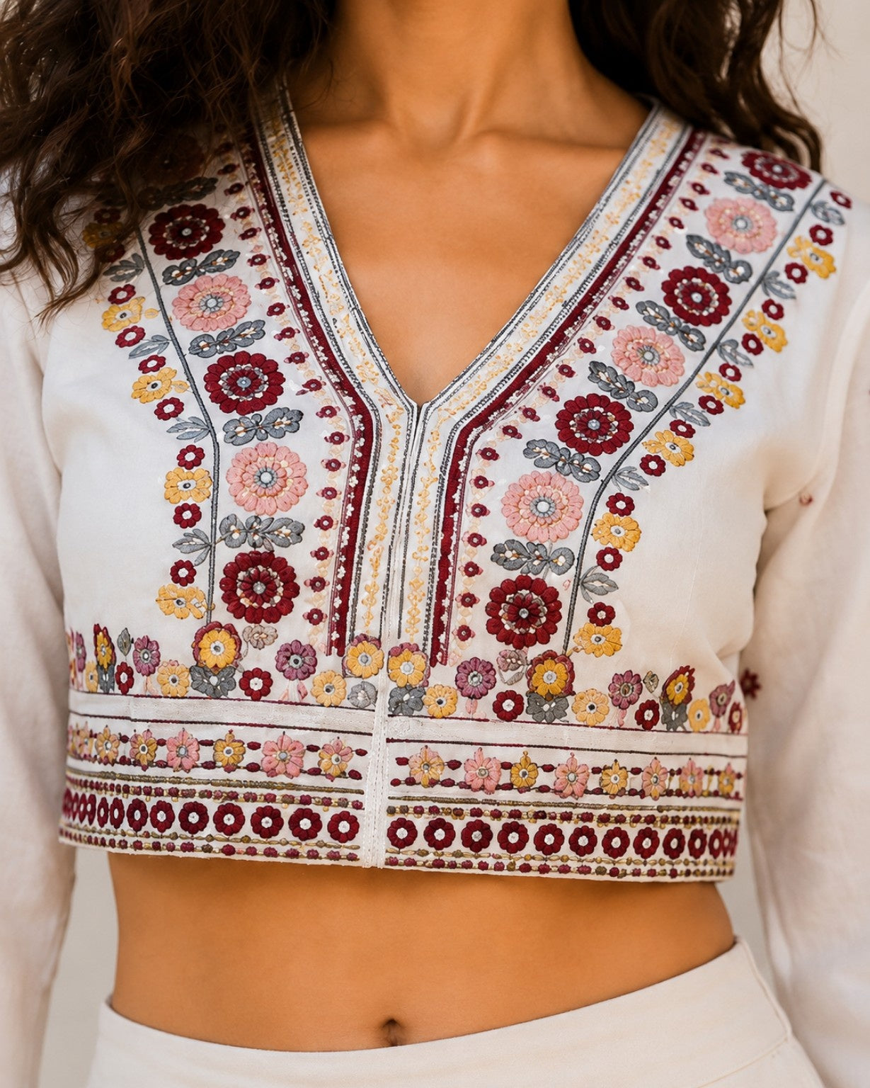 Floral Embroidered V-Neck Crop Top – White