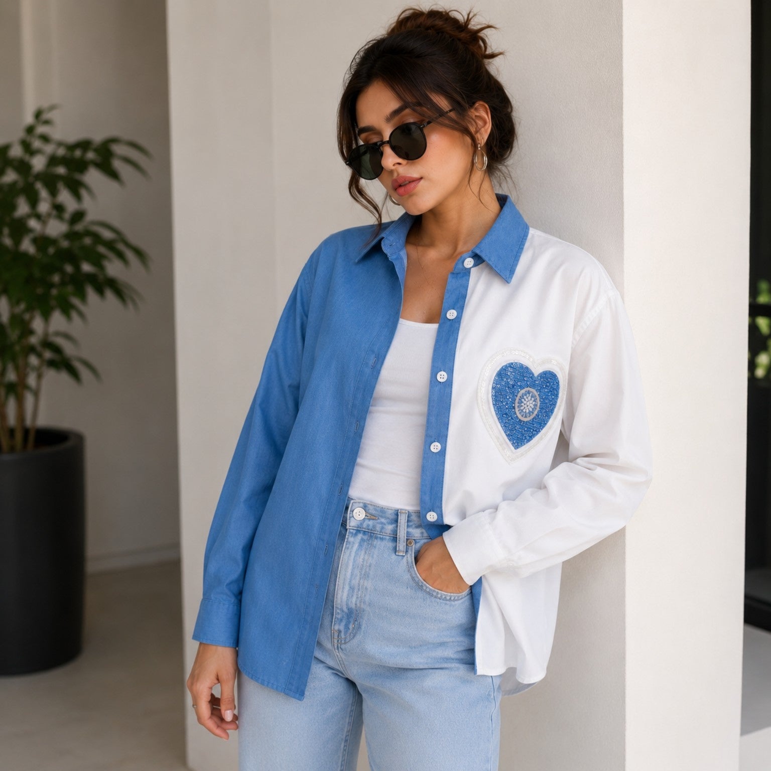 Women’s Oversized Half Blue Half White Denim Heart Touch Patch Shirt