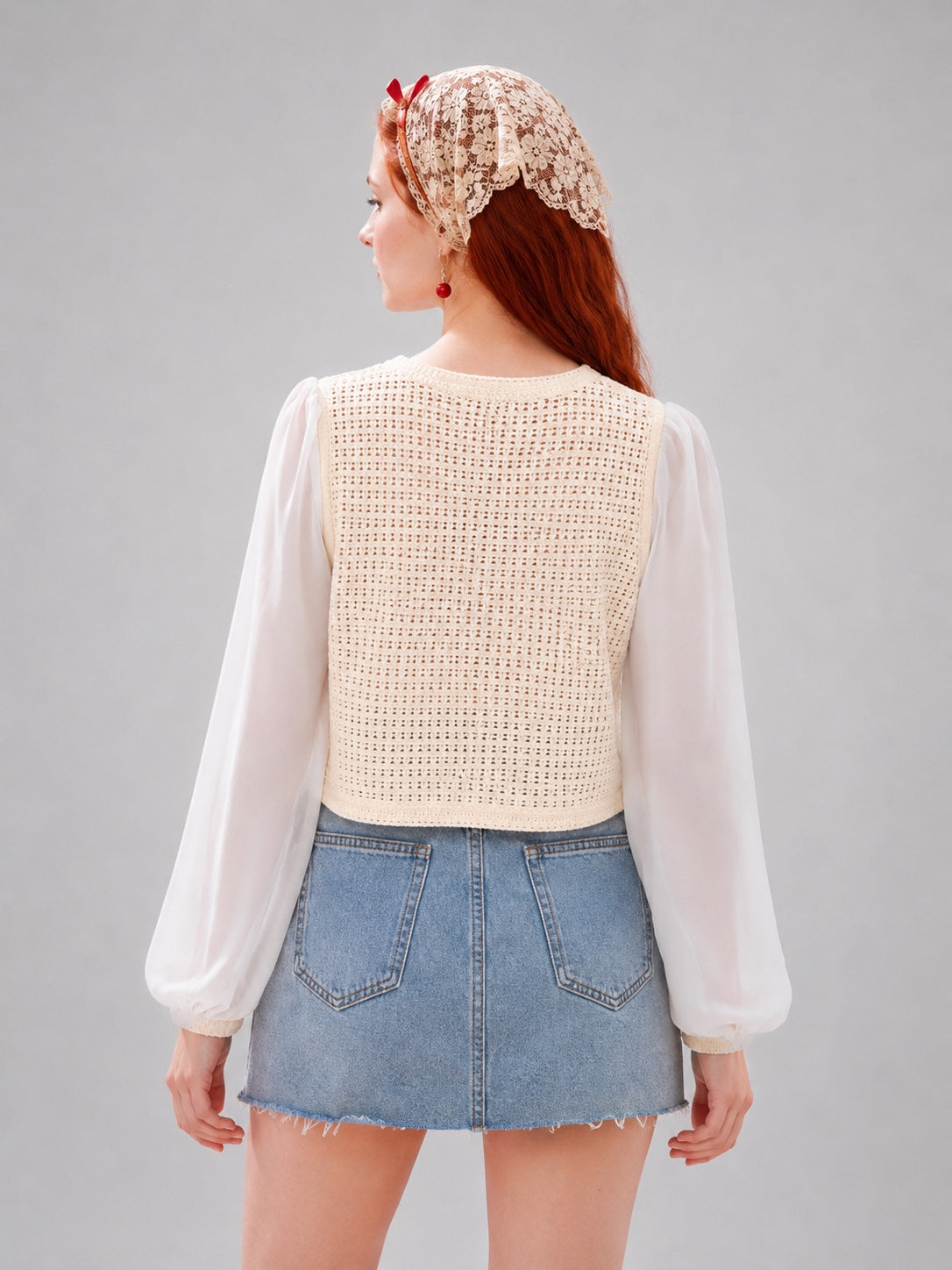 Crochet Floral Embroidered V-Neck Vest Top with Sheer Puff Sleeves