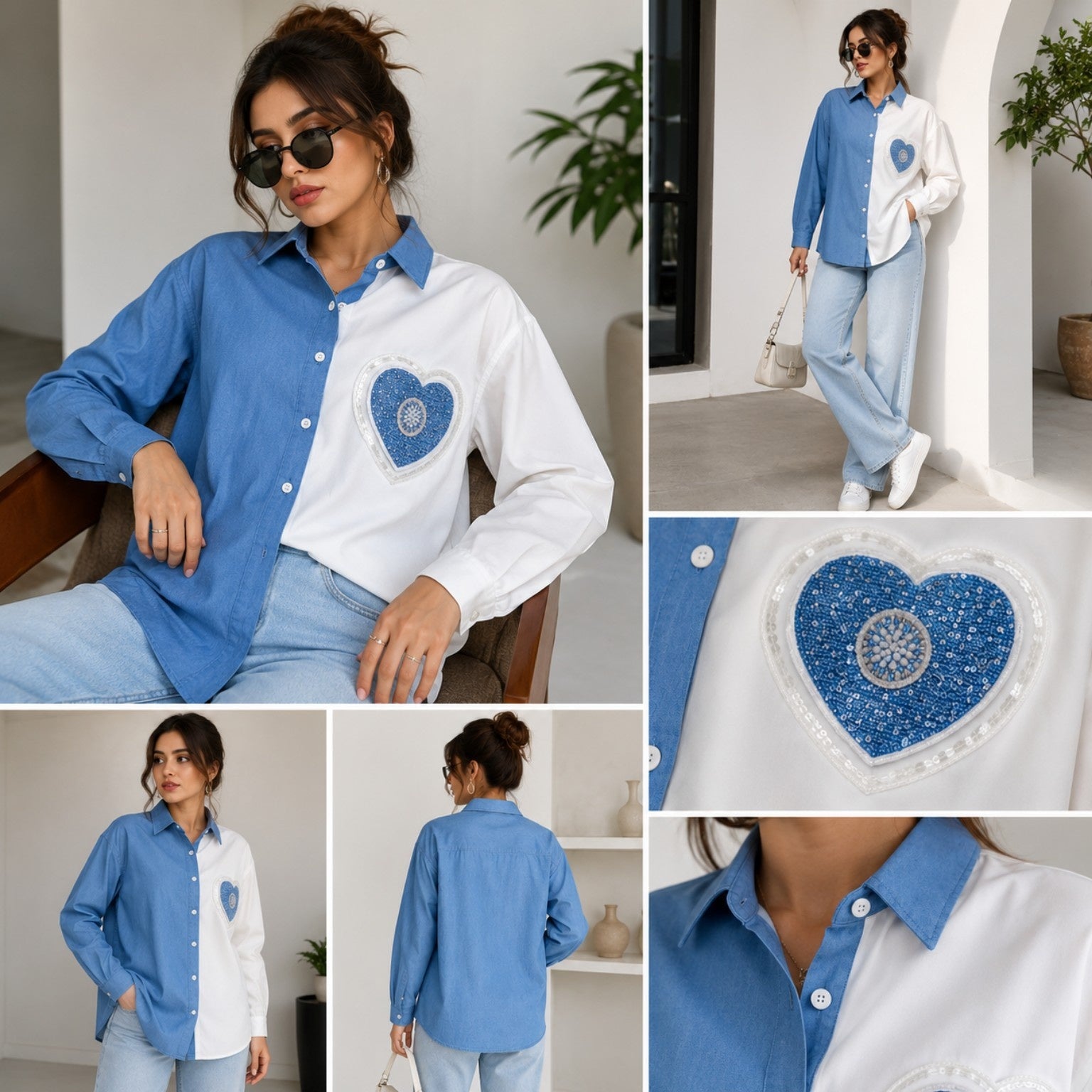 Women’s Oversized Half Blue Half White Denim Heart Touch Patch Shirt