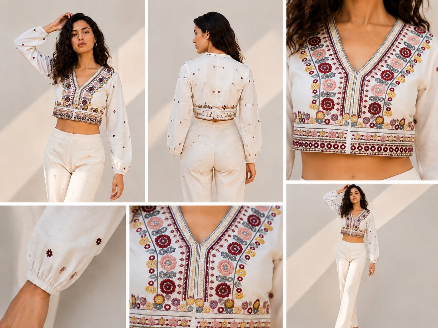 Floral Embroidered V-Neck Crop Top – White