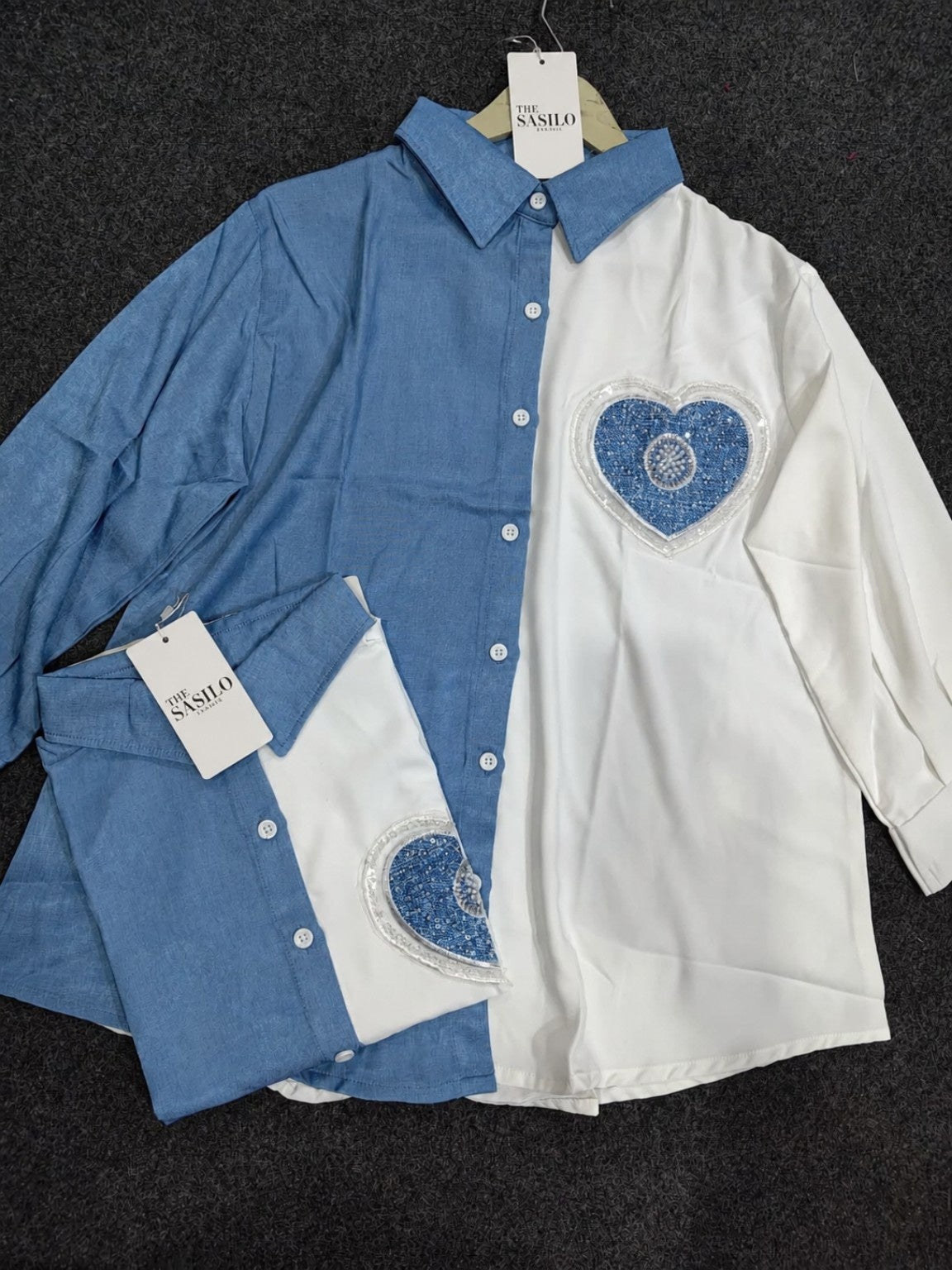 Women’s Oversized Half Blue Half White Denim Heart Touch Patch Shirt