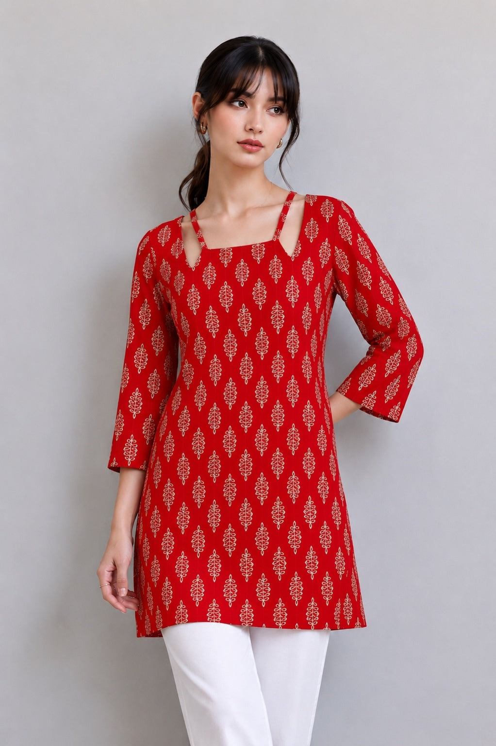 Leaf Print Lace-Up Peplum Style Kurti