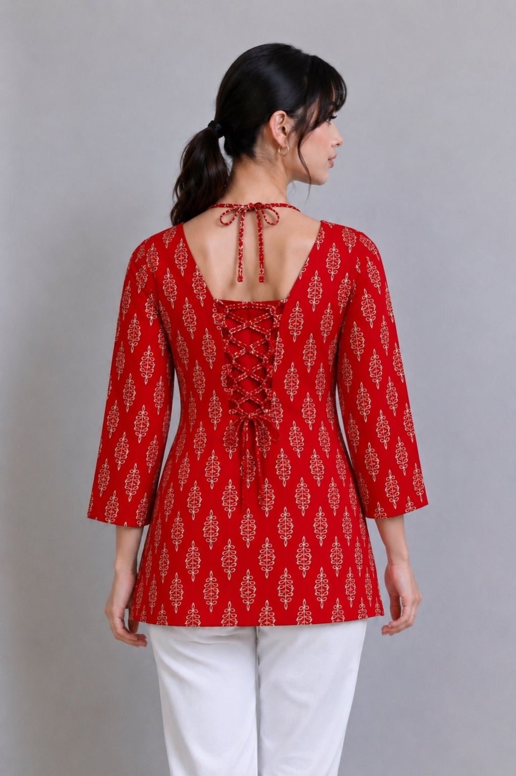 Leaf Print Lace-Up Peplum Style Kurti