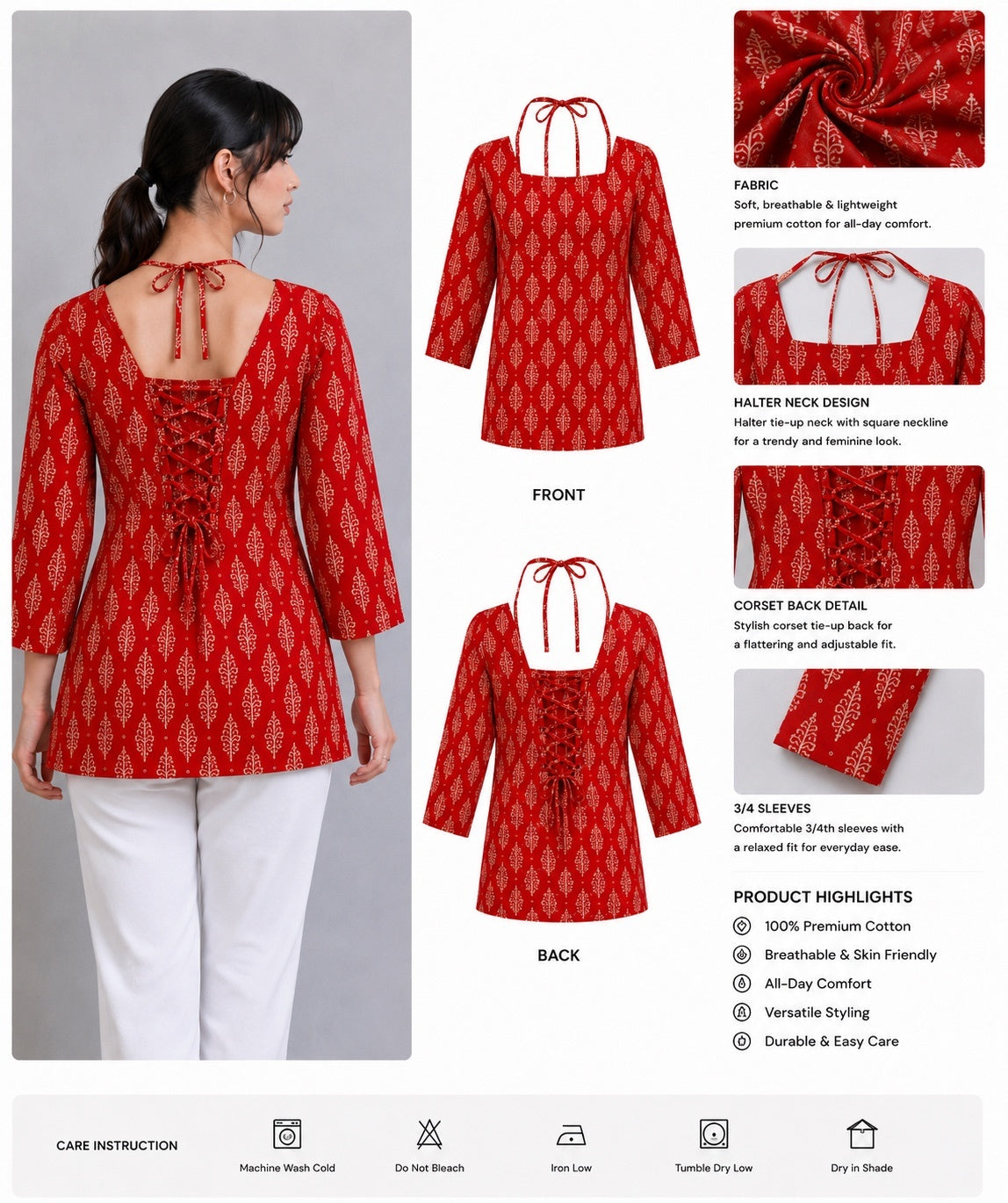 Leaf Print Lace-Up Peplum Style Kurti