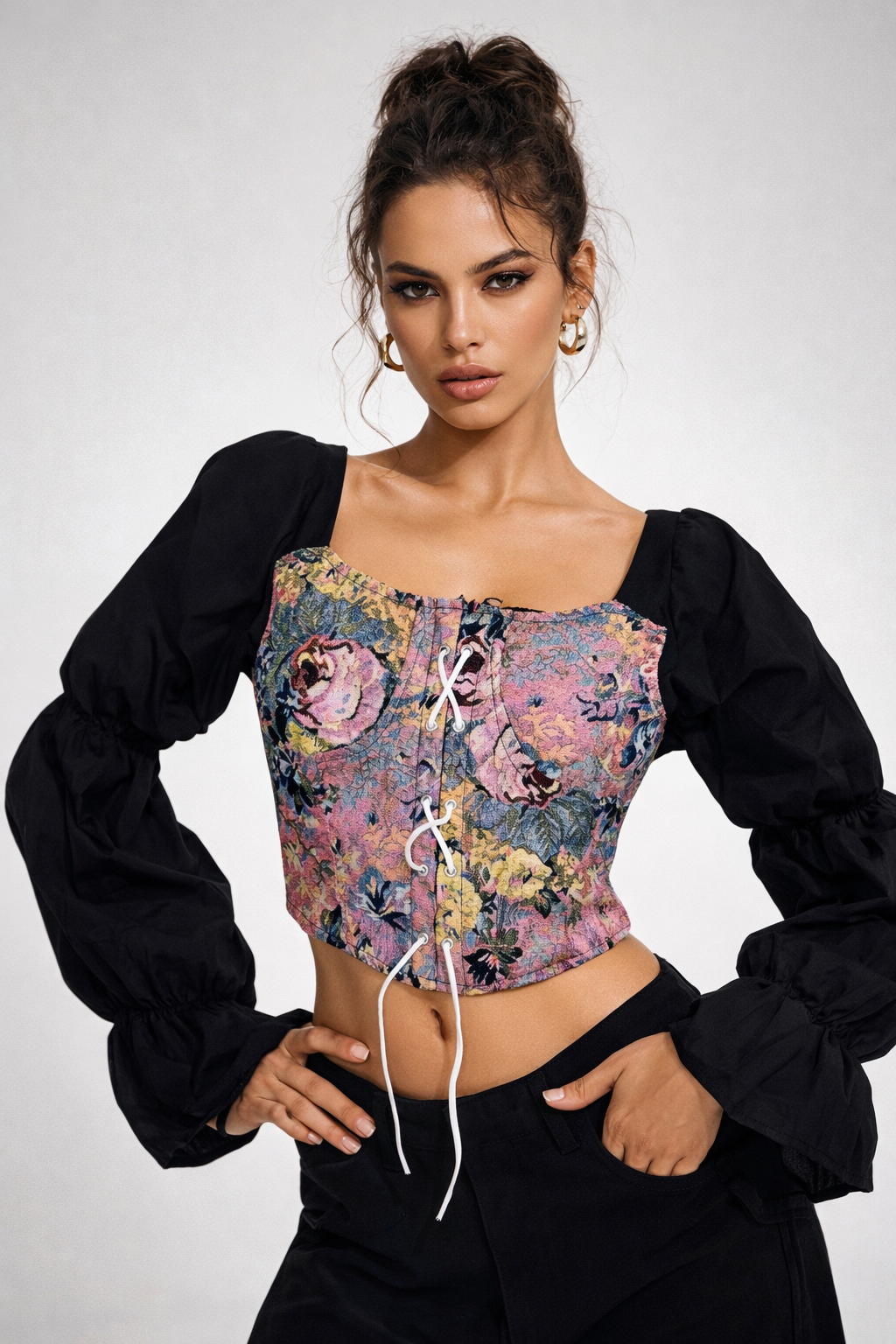 Boho Corset Puff Sleeve Crop Top