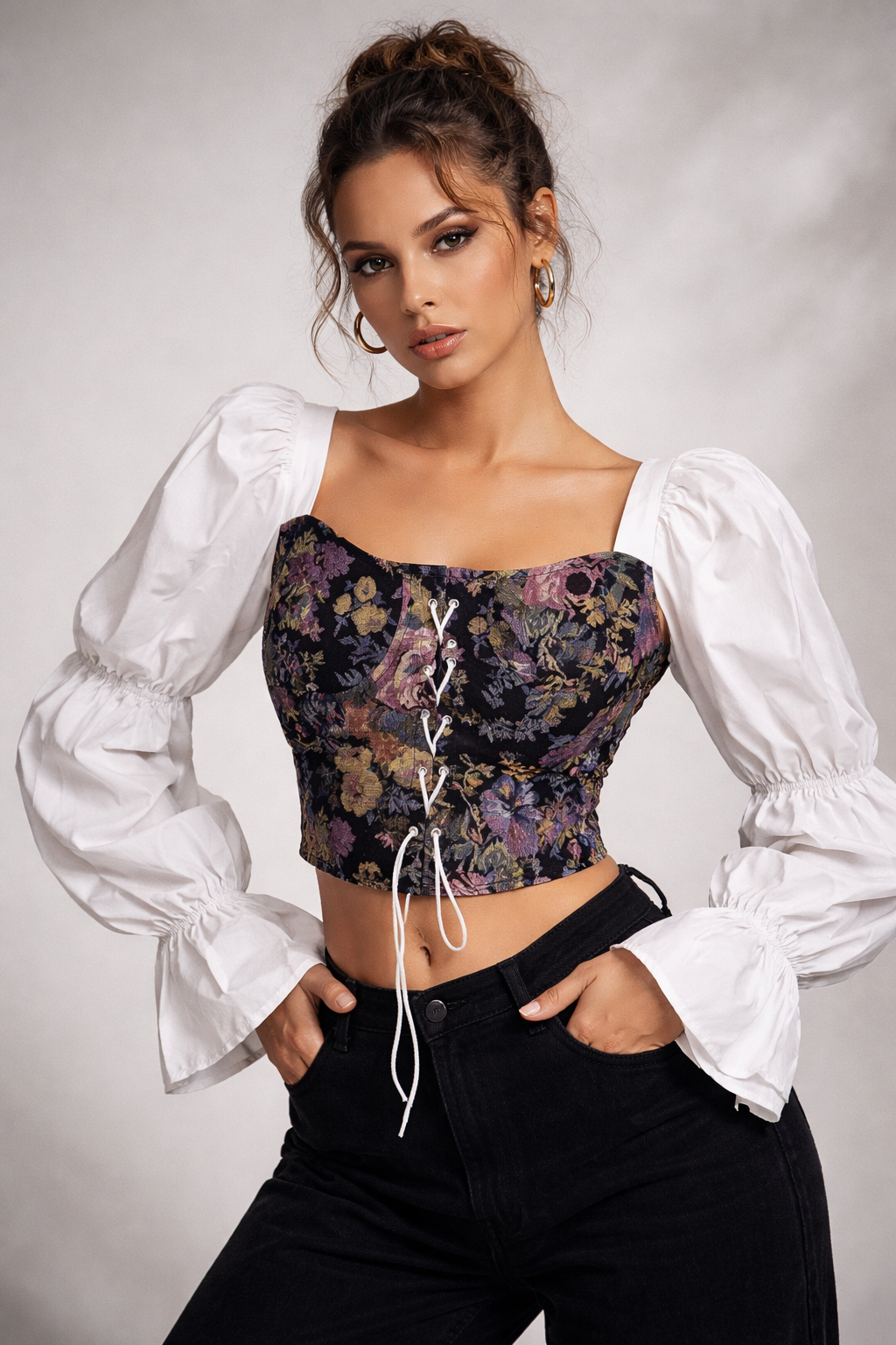 Boho Corset Puff Sleeve Crop Top