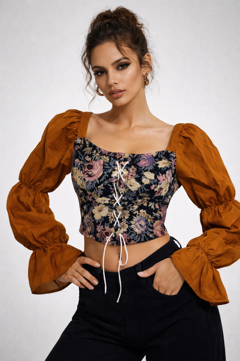 Boho Corset Puff Sleeve Crop Top