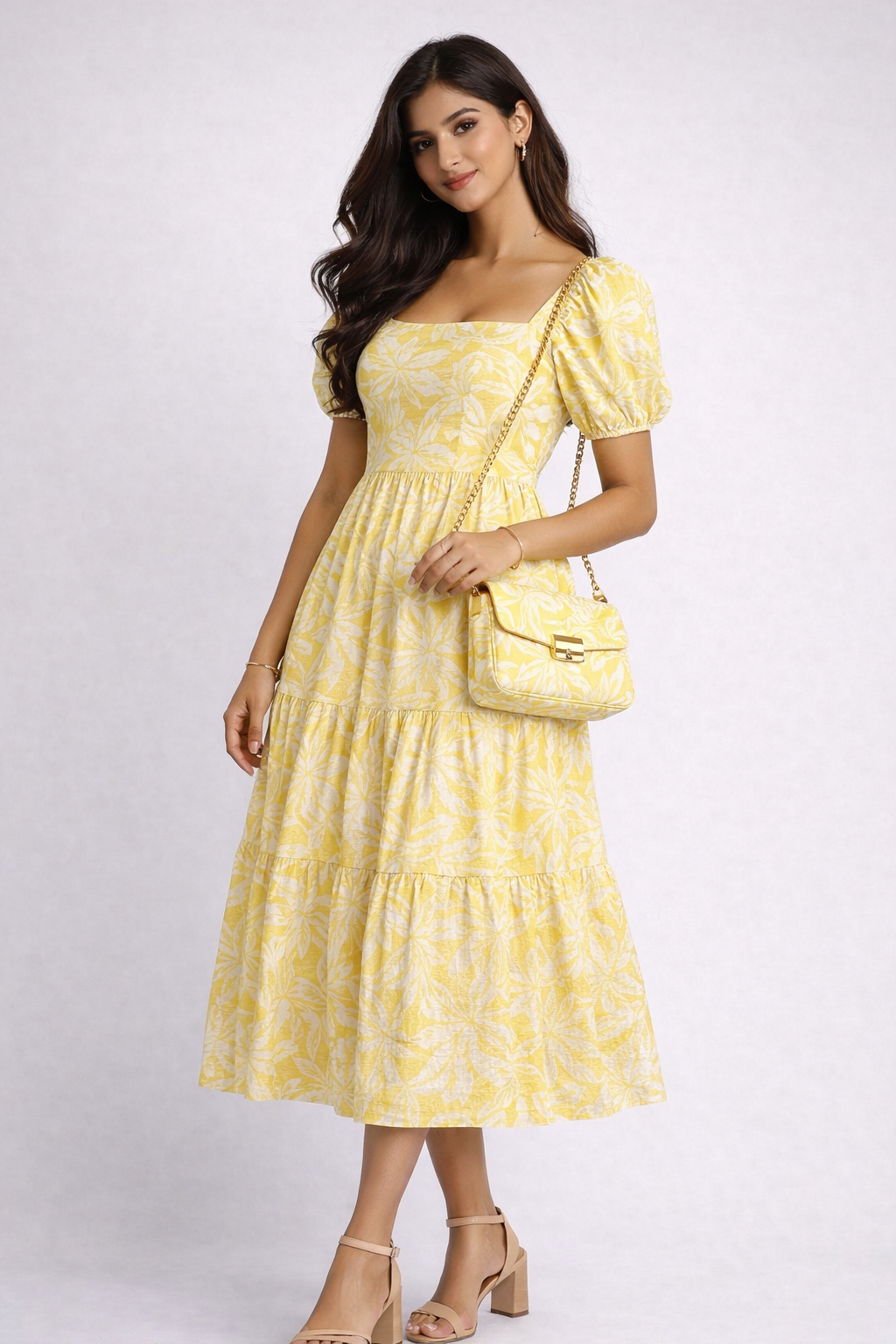 Floral Puff Sleeve Midi Dress with Sling Bag