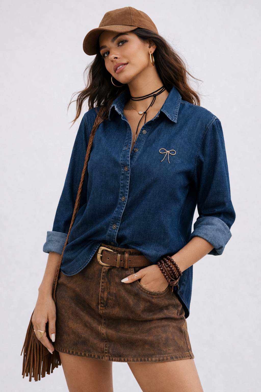 Denim Bow Detail Oversized Shirt