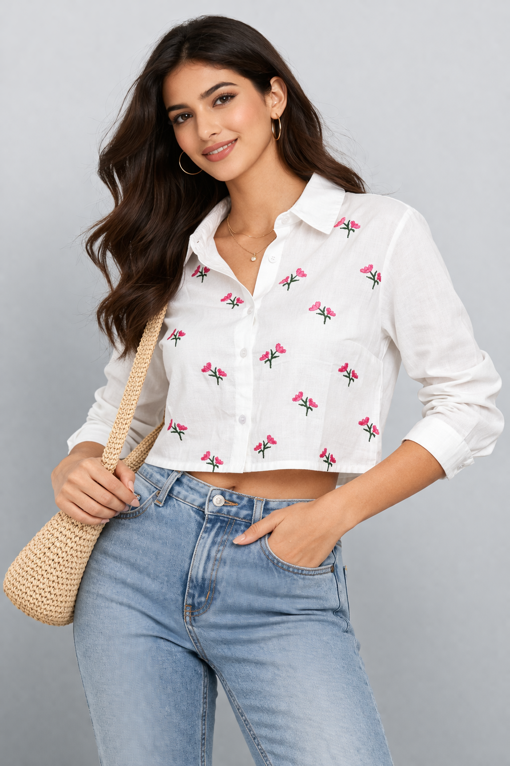 Embroidered White Crop Shirt