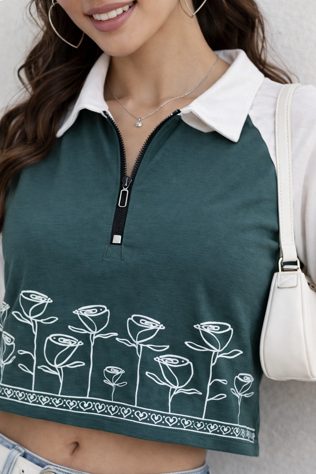 Floral Aesthetic Zip Collar T-shirt