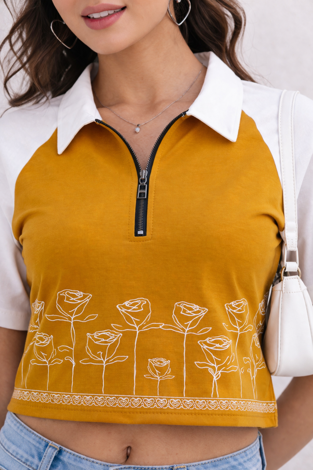Floral Aesthetic Zip Collar T-shirt