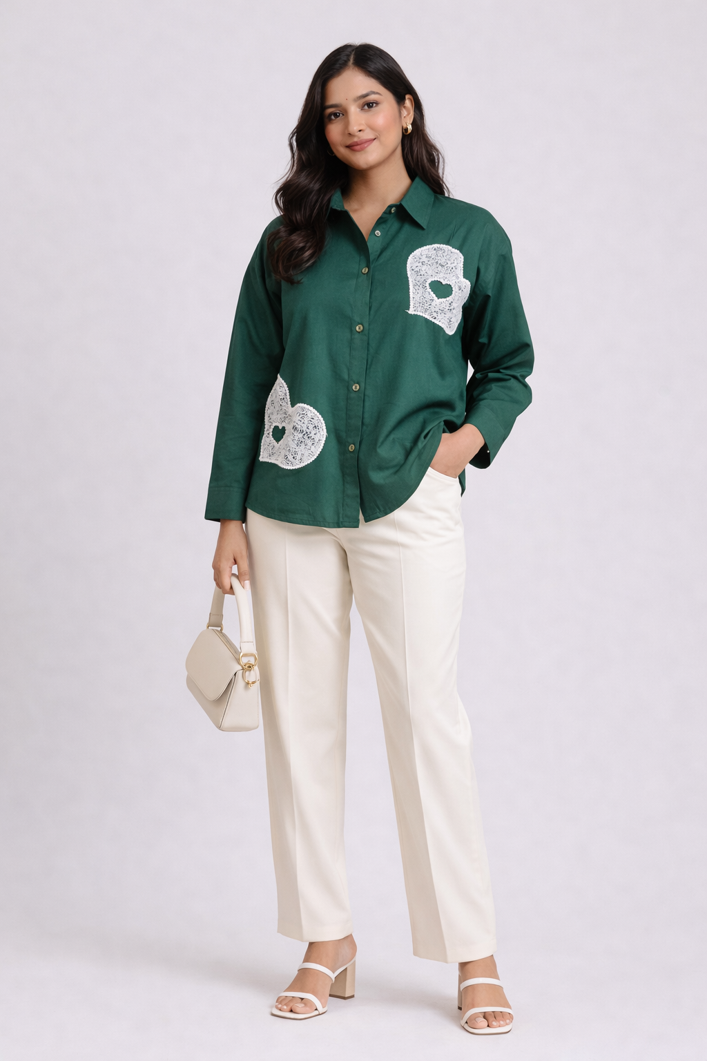 Cotton Heart Lace Appliqué Casual Shirt
