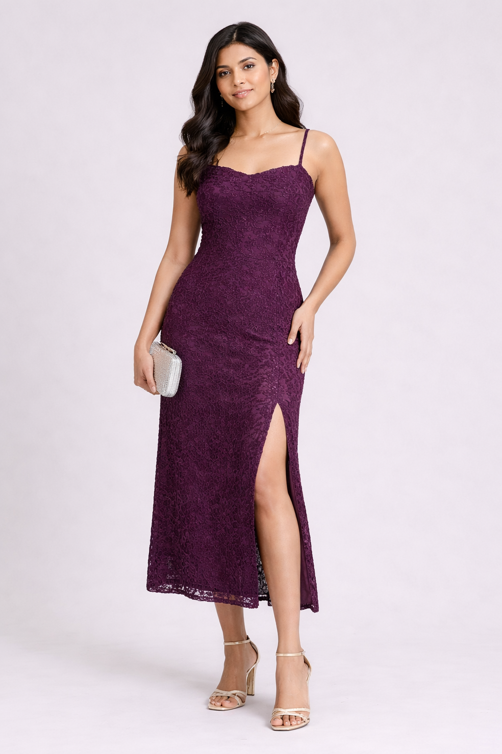 Floral Textured Midi Dress with Side Slit