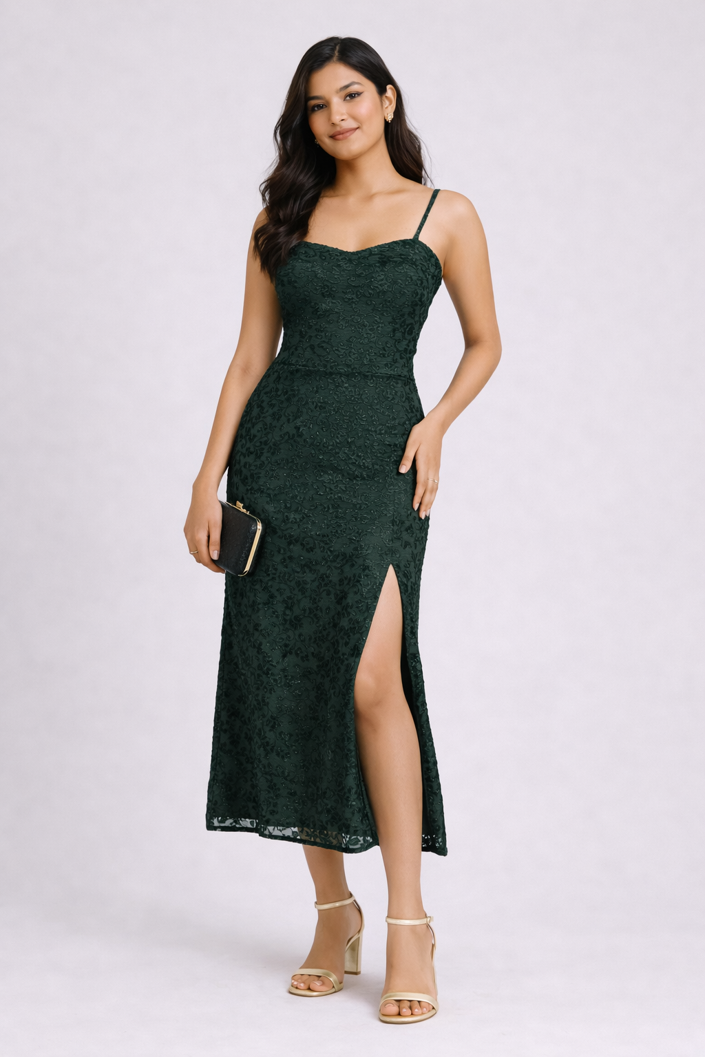 Floral Textured Midi Dress with Side Slit