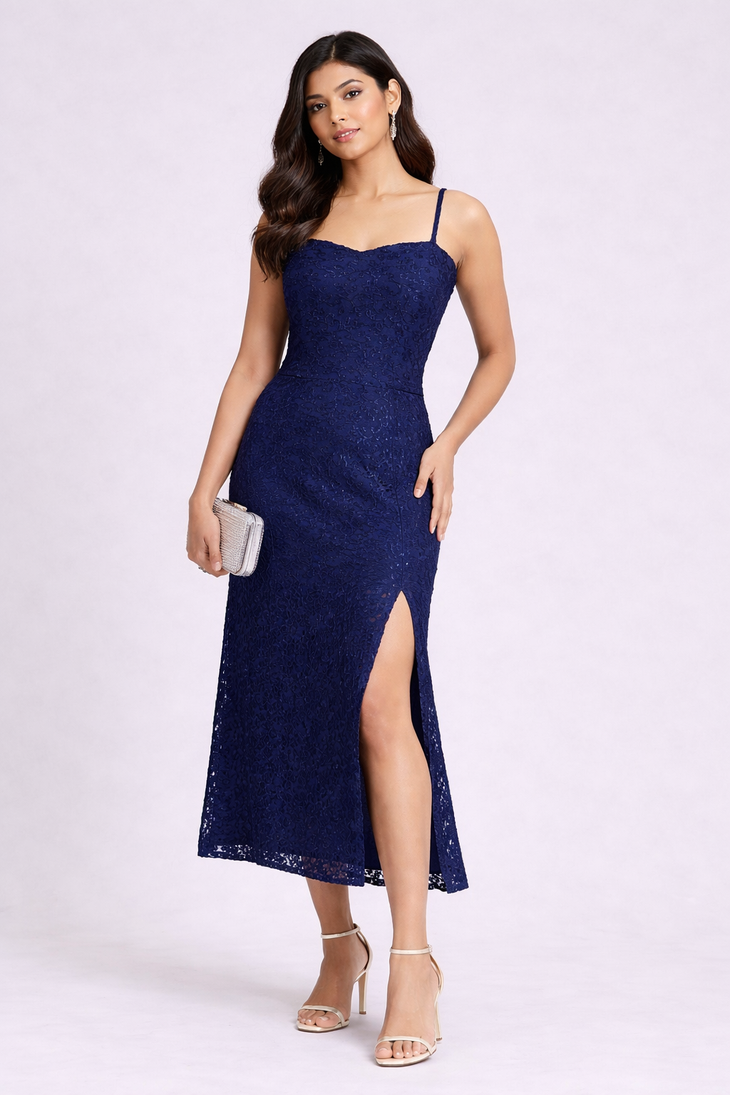 Floral Textured Midi Dress with Side Slit