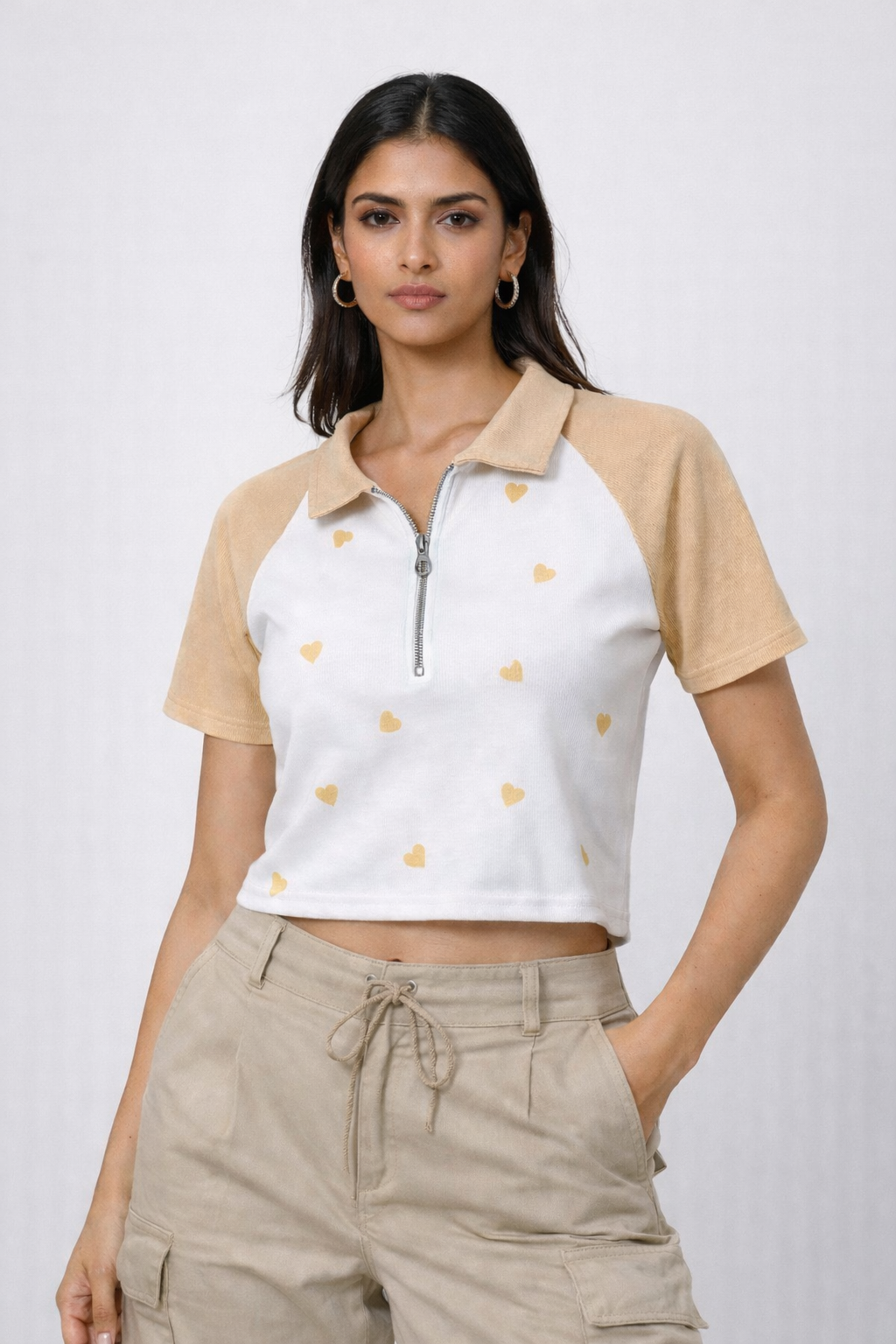 Heart Print Zip-Up Collar Crop Top
