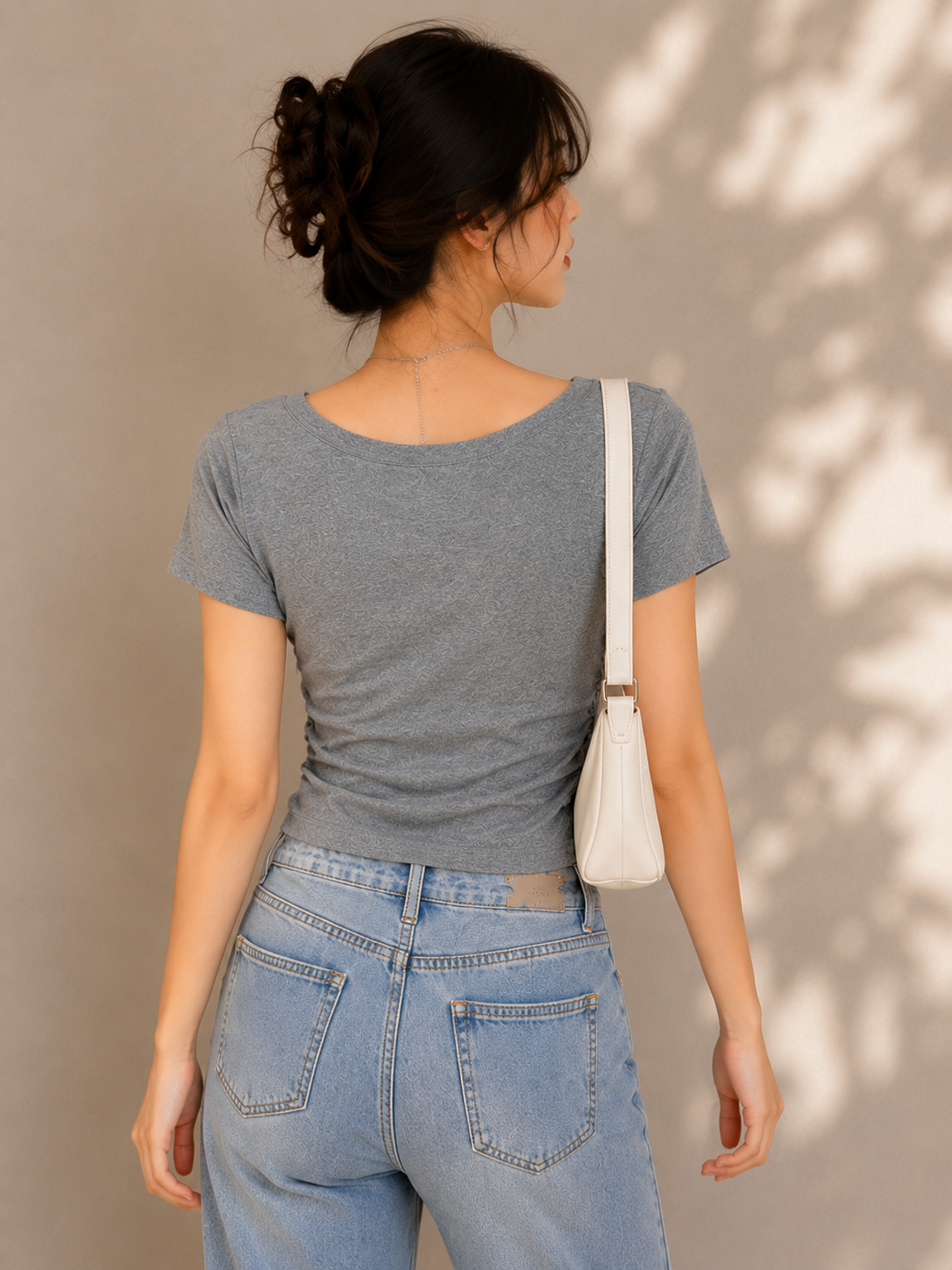 Cloud Grey Ruched V-Neck Casual Tee